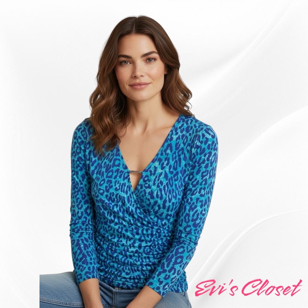 INC IIternational Concepts Womens Blue Leopard Faux Wrap Ruched V Neck Top Sz L